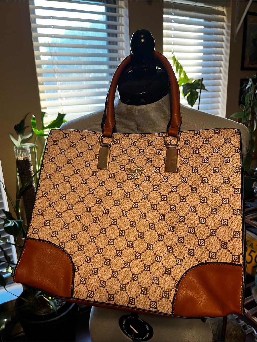 Beige and Brown Patterned purse with Brown Trim
